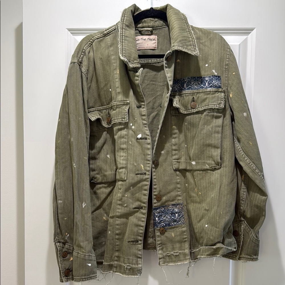 Free People Green Jean Jacket with Distressed Look